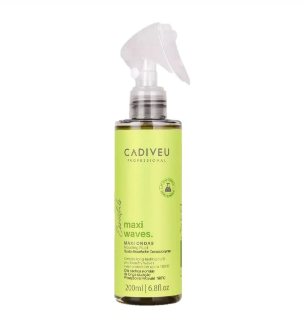 Frasco spray Cadiveu Professional maxi waves, 200ml, rótulo amarelo e verde, texto em português e inglês.