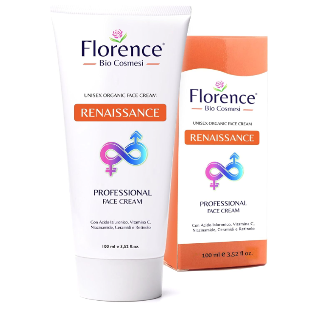 Creme facial Florence Bio Cosmesi Renaissance em embalagem branca e caixa laranja