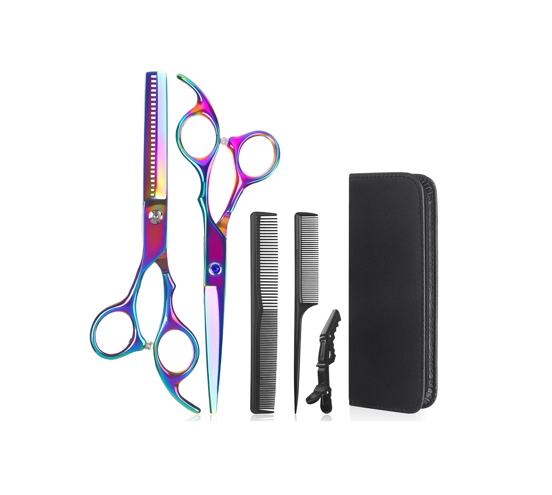 Conjunto para corte de cabelo com tesouras iridescentes, pentes, grampo e bolsa preta