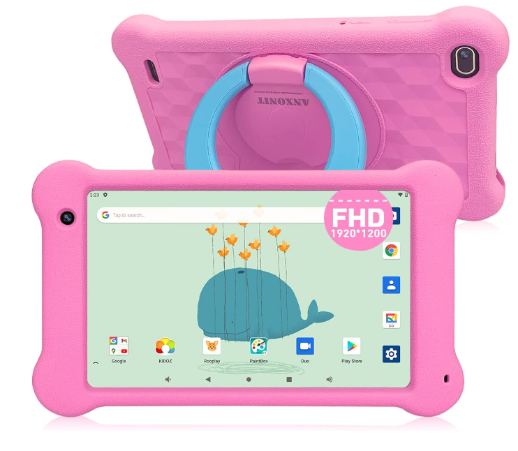 Tablet infantil com capa protetora rosada e suporte azul, com ecrã FHD 1920x1200 mostrando imagem de baleia azul e pássaros amarelos.
