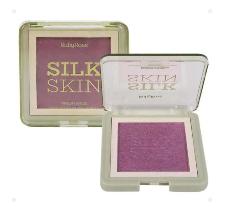 Blush rosa roxo em caixa transparente com moldura bege, texto RubyRose SILK SKIN FRESH FACE
