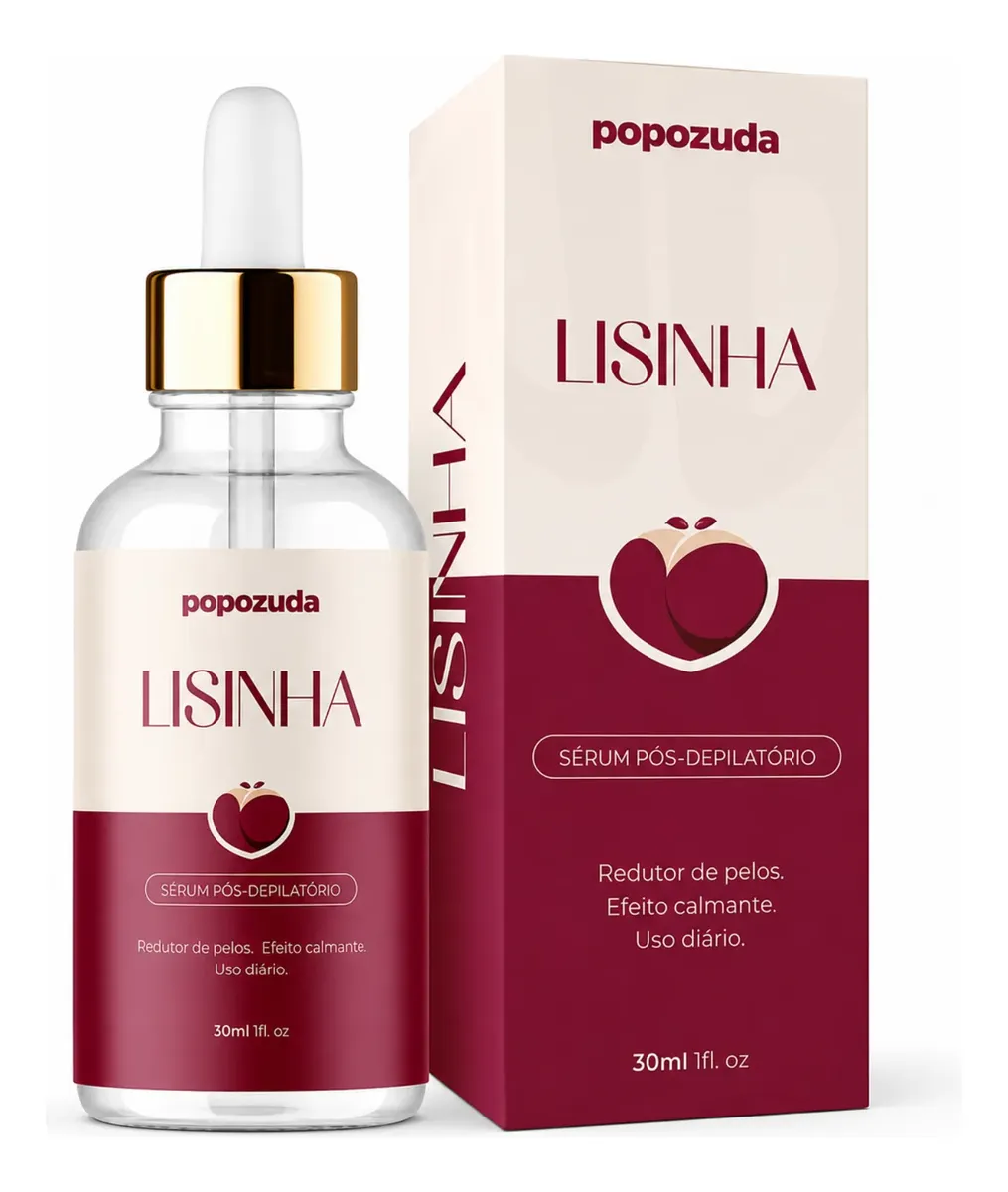 Frasco e caixa do sérum pós-depilatório LISINHA popozuda em vermelho e bege