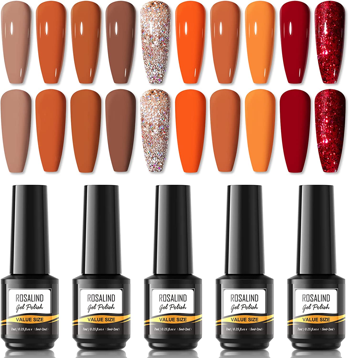 Conjunto de unhas postiças coloridas e vernizes em frascos pretos