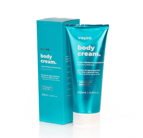 Creme corporal da wepink em tubo azul metálico e caixa azul