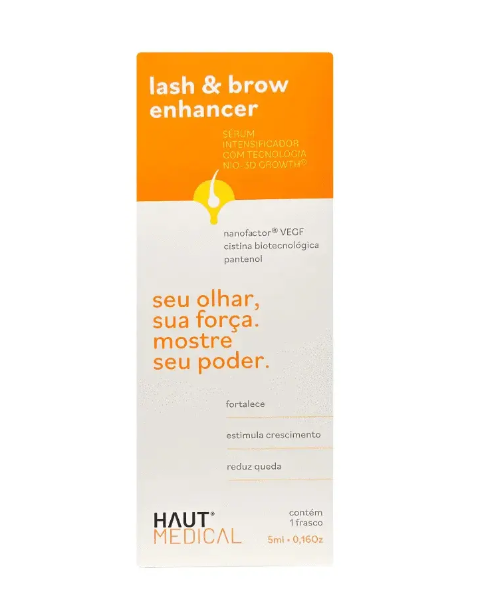 Embalagem de produto lash & brow enhancer laranja e branco com texto em português.