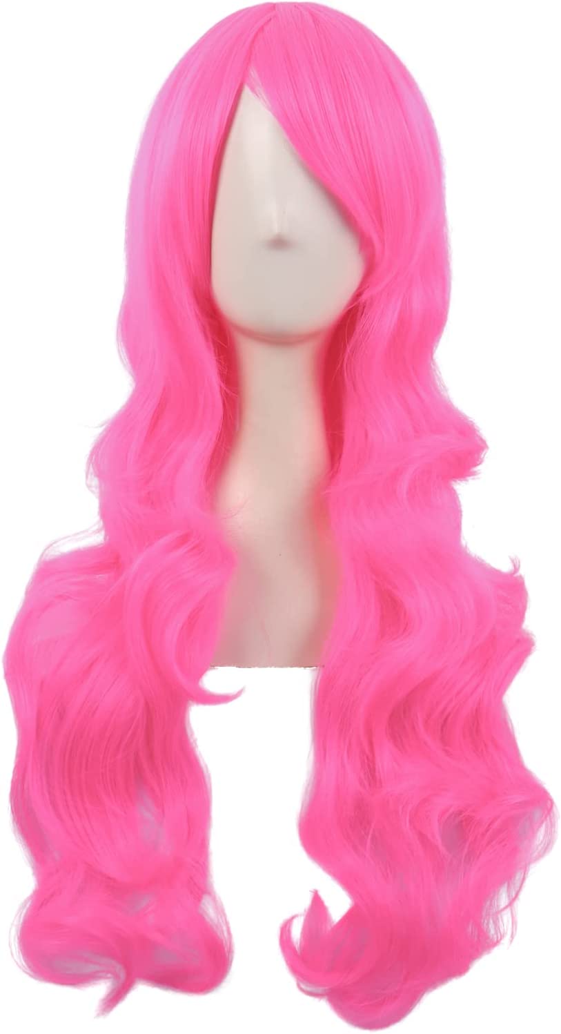 Peruca rosa vibrante longa e ondulada em manequim neutro