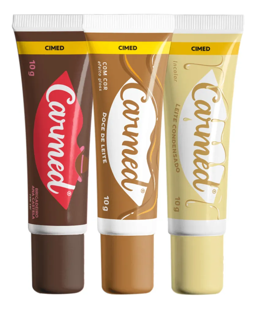 Três tubos de creme Carmed com diferentes sabores e cores, 10g cada.