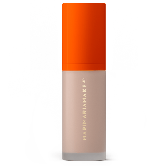 Frasco de maquilhagem bege com tampa laranja e texto MARIMARIA MAKE UP