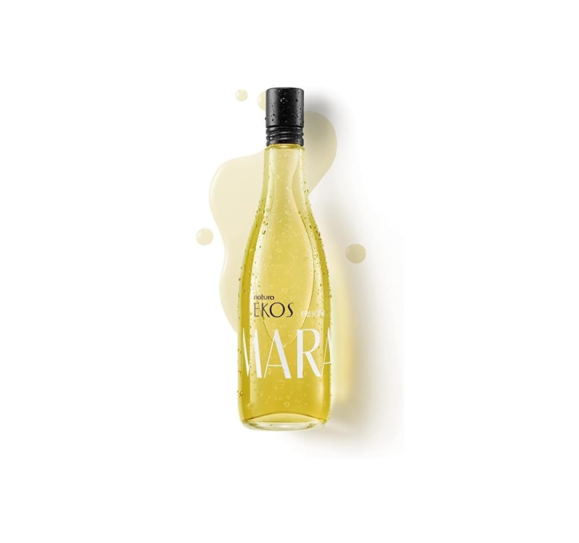 Garrafa de vidro com líquido amarelo e tampa preta, texto EKOS MAR