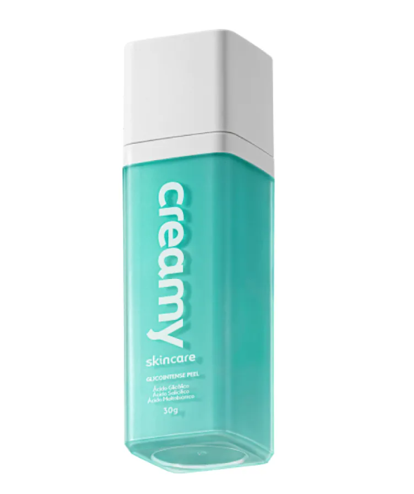 Frasco de produto creamy skincare azul com tampa branca e texto branco