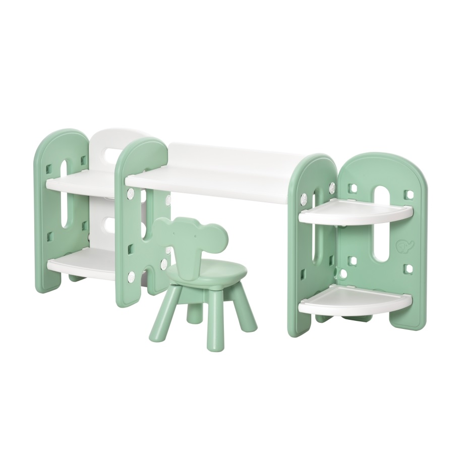 Mobiliário infantil verde claro e branco com secretária, estantes e cadeira de plástico