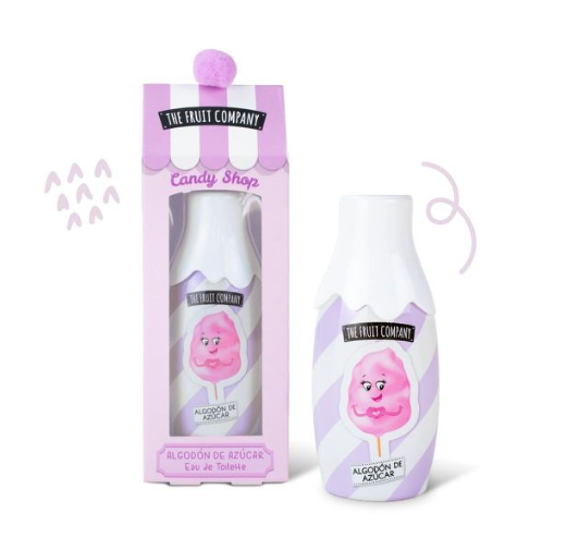 Frascos do perfume ALGODÓN DE AZÚCAR da THE FRUIT COMPANY com ilustração de algodão doce rosa