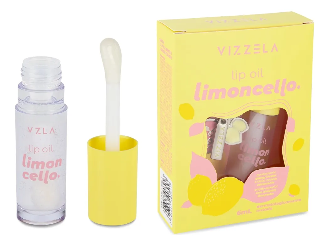 Óleo labial Vizzela limoncello em frasco transparente e embalegem amarela com limões