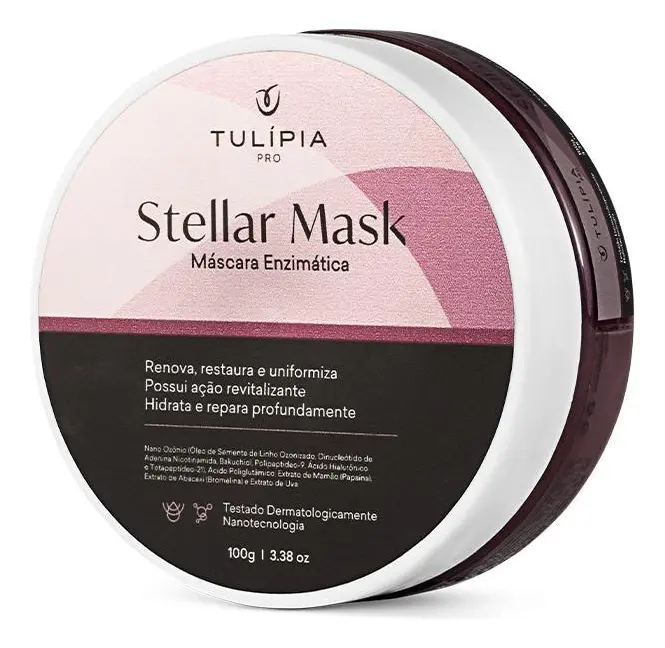 Embalagem redonda branca de máscara facial Stellar Mask em rosa e preto com texto em português