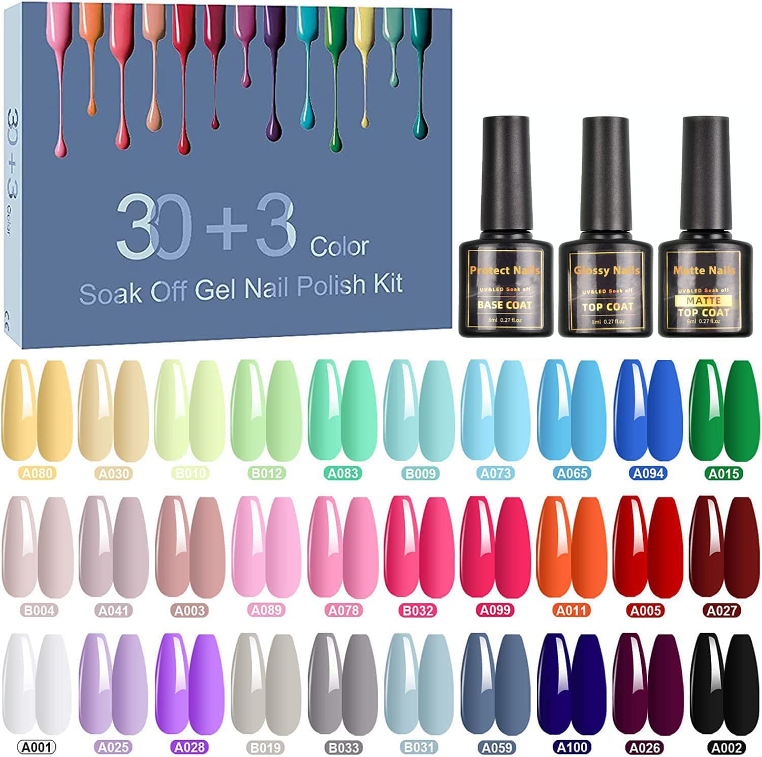 Kit de vernizes gel soak off com 33 cores e 3 frascos