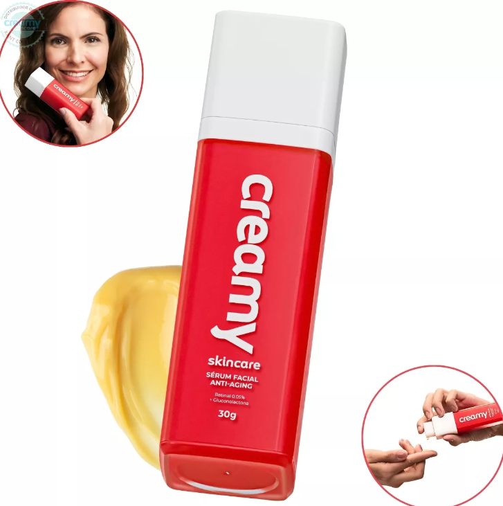 Frasco de sérum facial anti-envelhecimento creamy vermelho e branco com 30g e textura amarela do produto