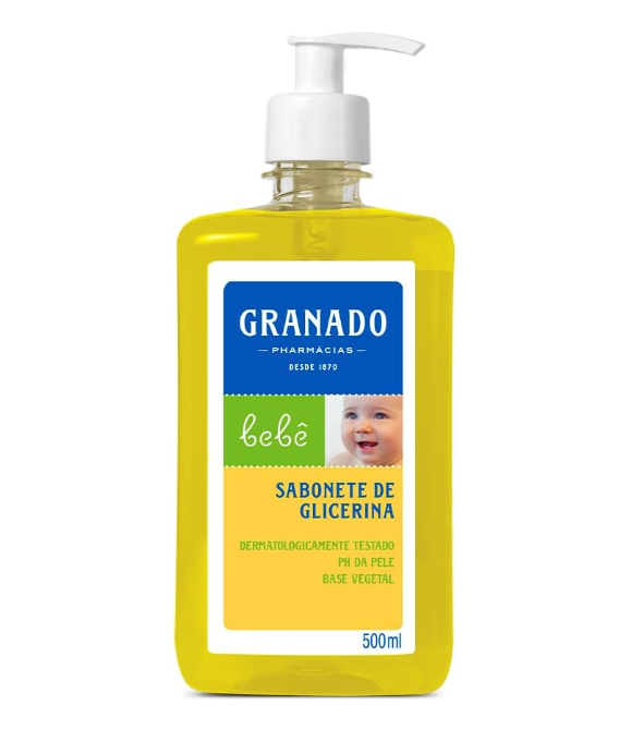 Frasco amarelo de sabonete de glicerina para bebé da Granado com doseador branco