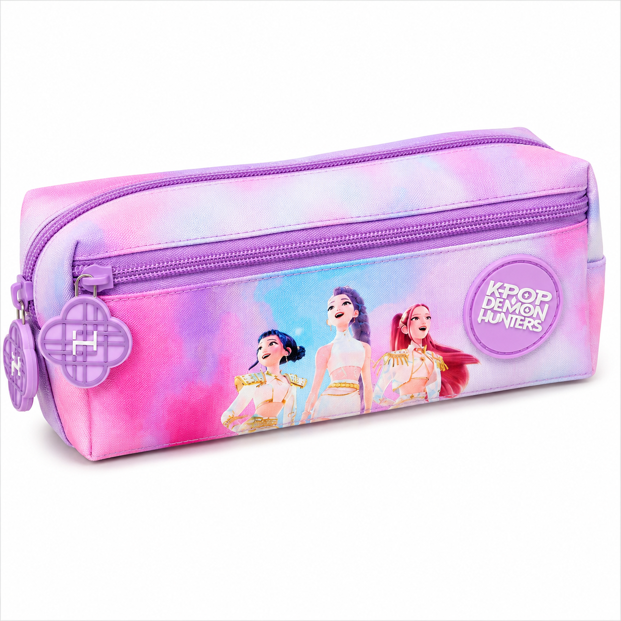 Estojo escolar rosa e roxo com personagens animadas e texto K-POP DEMON HUNTERS