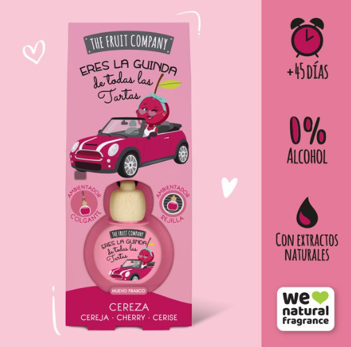 Embalagem de aromatizante de carro THE FRUIT COMPANY com tema de cereja e mini frasco pendurado