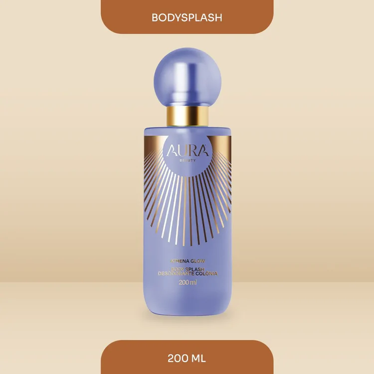Frasco azul com detalhes dourados de body splash AURA Beauty