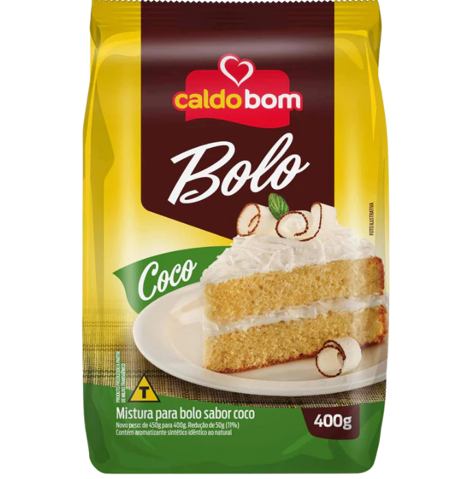Pacote de mistura para bolo sabor coco Caldo bom 400g com imagem de fatia de bolo com cobertura de coco