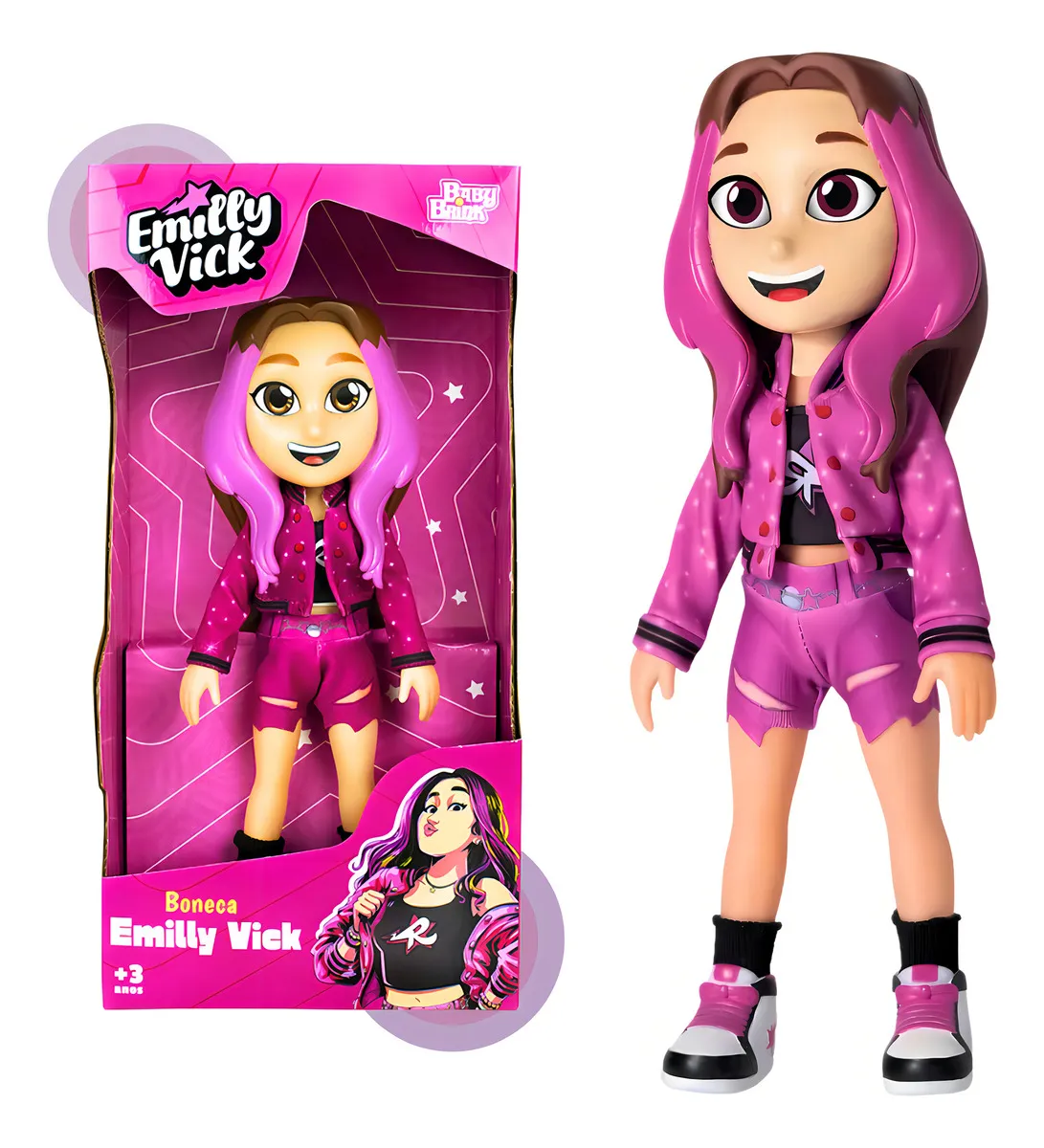 Boneca Emilly Vick com roupa rosa e embalagem cor de rosa