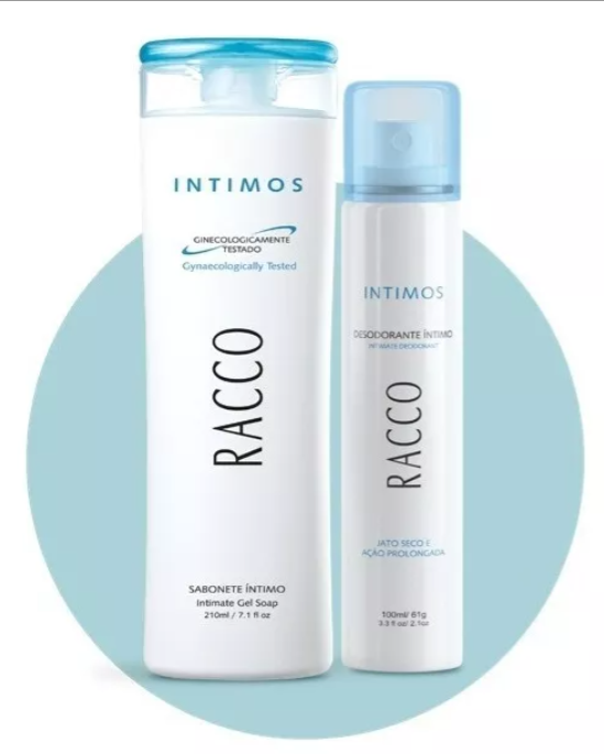 Dois produtos de cuidado íntimo RACCO com embalagens brancas e detalhes azuis