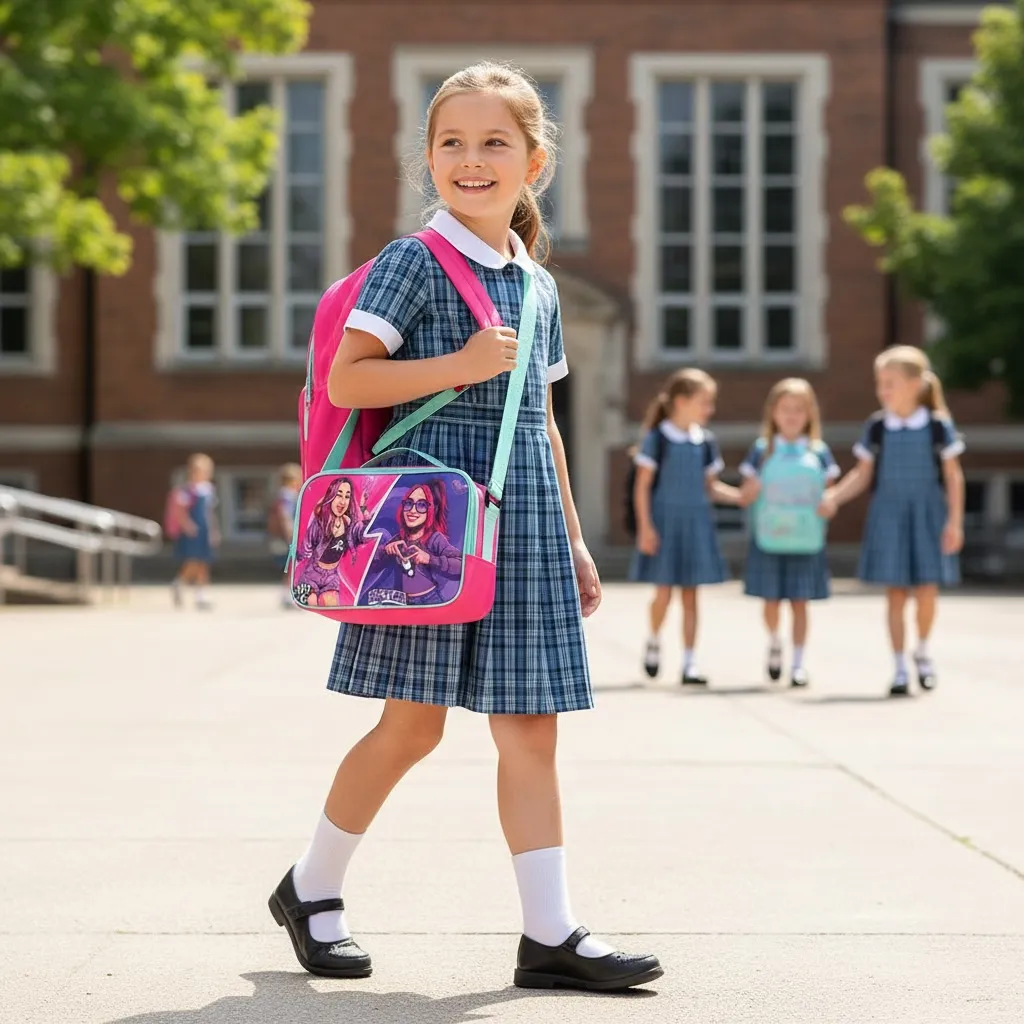 Menina com mochila rosa e bolsa colorida num pátio escolar