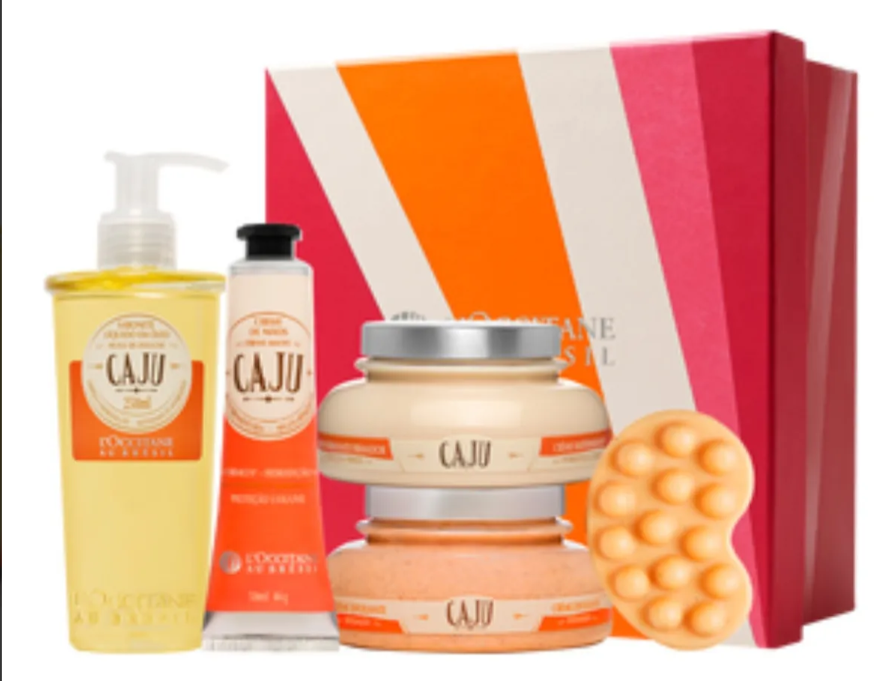 Conjunto de cosméticos L'Occitane com caixa colorida e cinco produtos