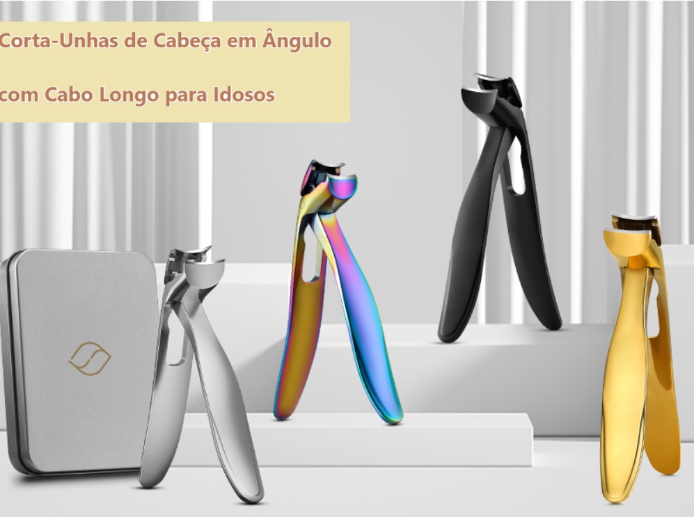 Cortas-unhas coloridos sobre suportes brancos com fundo neutro e cortinas cinza