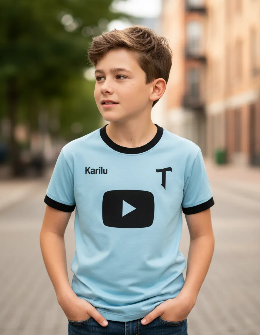 Rapaz com camiseta azul clara com gola e punhos pretos com texto e símbolos pretos