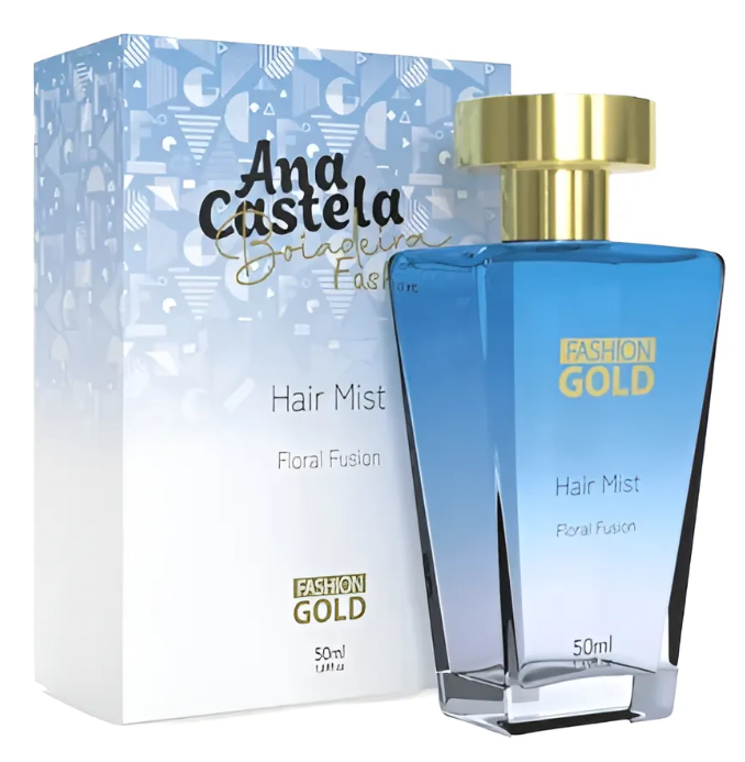 Hair Mist Ana Castela Floral Fusion frasco azul com tampa dourada e caixa branca com padrão azul