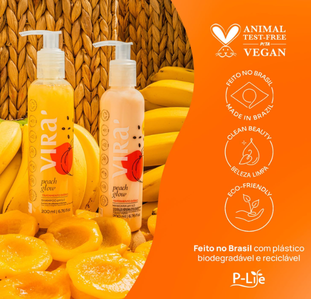 Frascos de shampoo e condicionador VIRA com frutas e ícones de certificações ambientais
