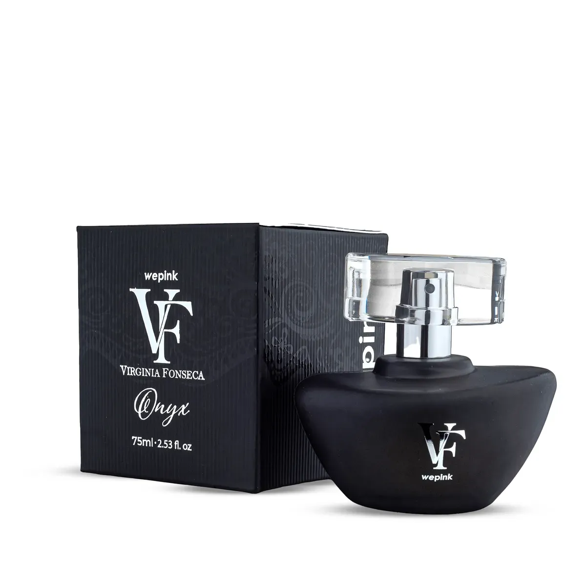 Frasco de perfume preto mate com tampa transparente e caixa preta ao lado