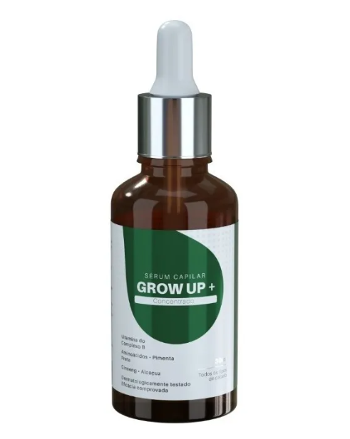 Frasco de sérum capilar Grow Up + com conta-gotas, rótulo branco e verde.