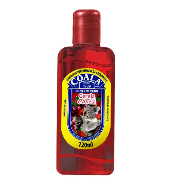 Frasco vermelho de limpador perfumado COALA Cereja e Avelã 120ml