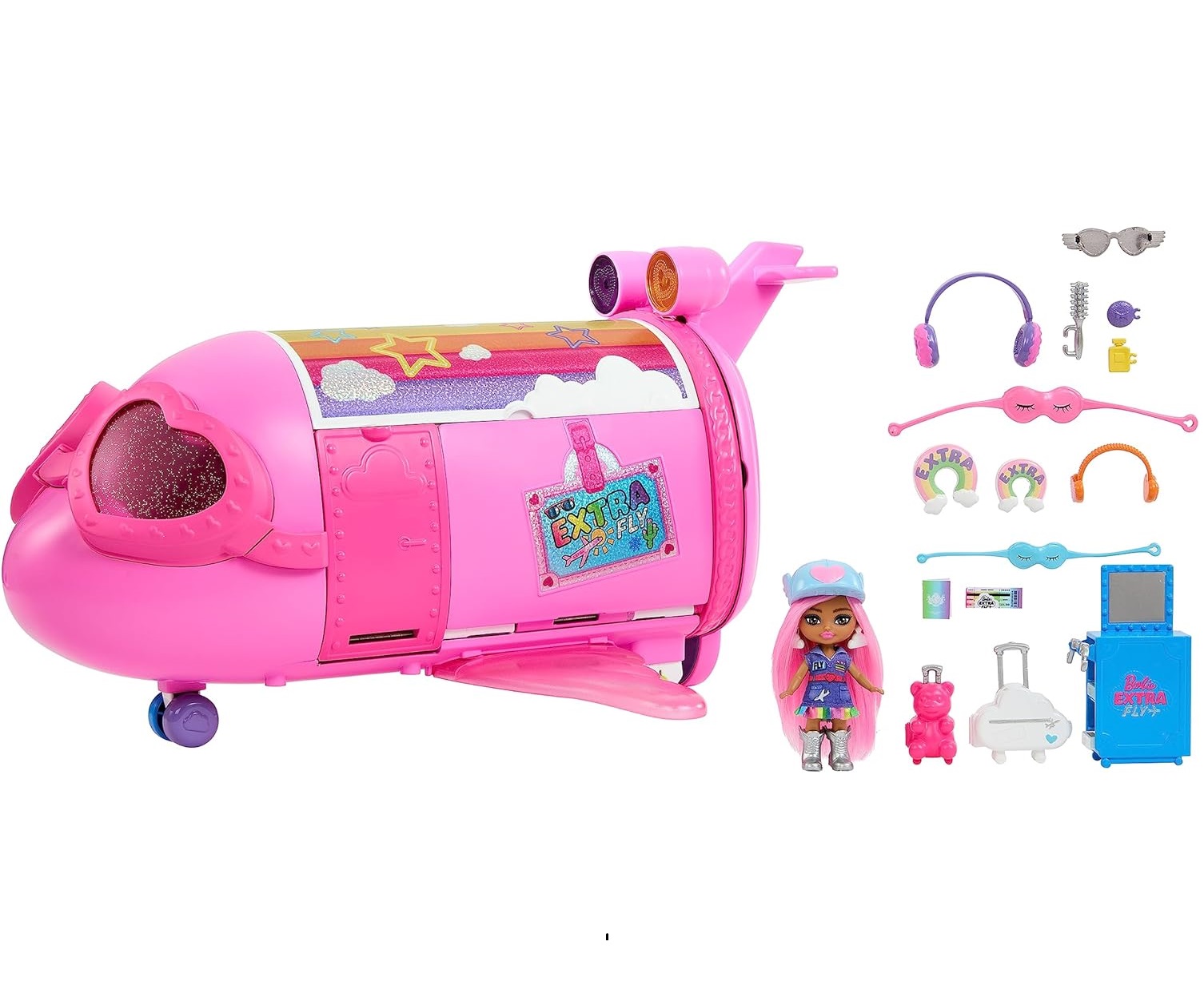 Brinquedo de avião rosa com acessórios variados e boneca