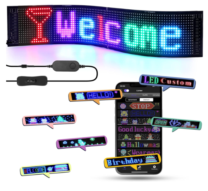 Painel LED personalizável com textos coloridos e smartphone para controle