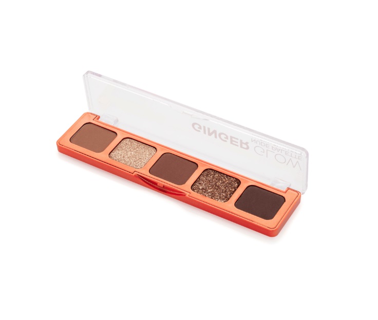 Paleta de sombras com cinco cores em tons castanhos e dourados