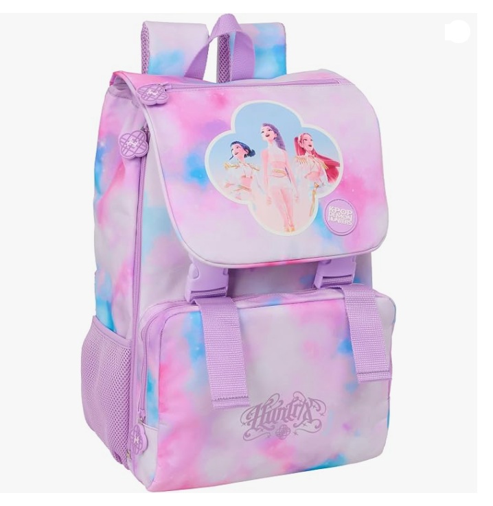 Mochila escolar rosa e lilás com imagem de personagens femininas