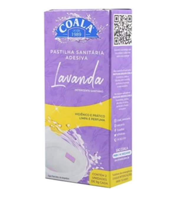 Embalagem lavanda e amarela de pastilha sanitária adesiva Coala Lavanda