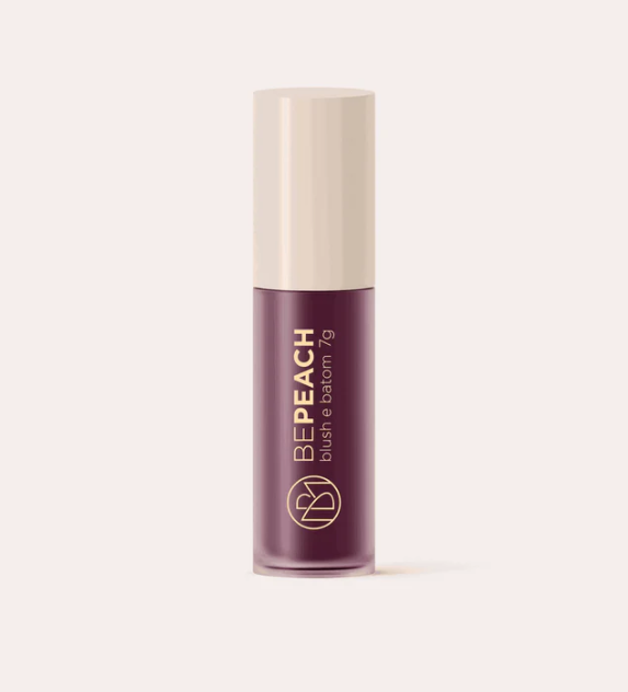 Frasco pequeno de blush líquido roxo com tampa bege