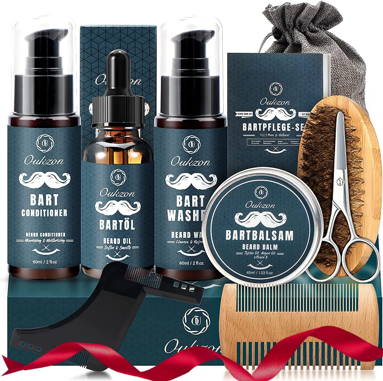 Conjunto para cuidados da barba com frascos, escova, tesoura e pente em fundo branco