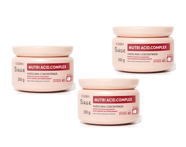 Três frascos da máscara capilar Nutri Acid.Complex da Eudora Siàge cor de rosa claro com tampa rosa