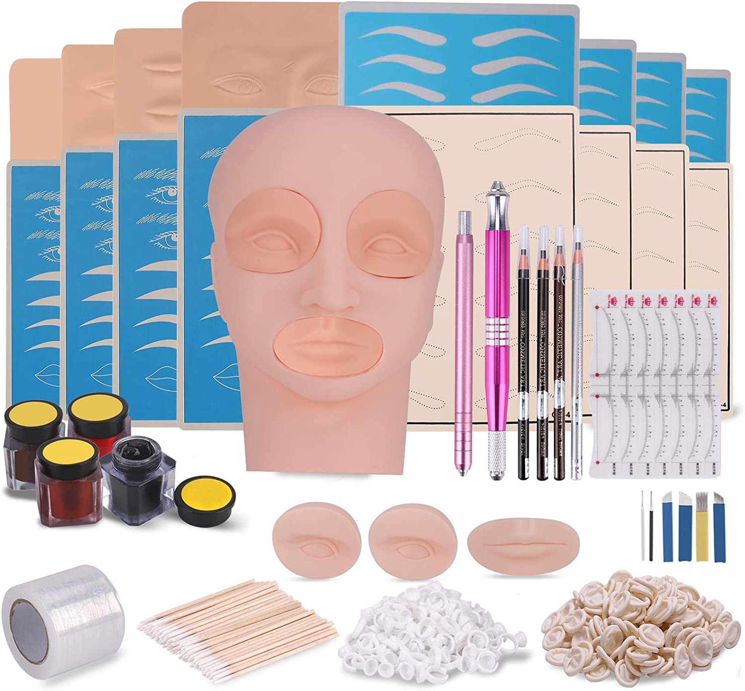 Conjunto completo para treino de sobrancelhas com cabeça de silicone, estênceis azuis e acessórios sobre fundo branco