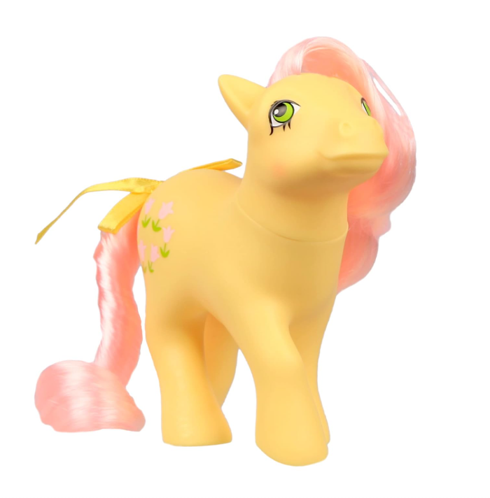 Brinquedo pônei amarelo com crina e cauda cor de rosa