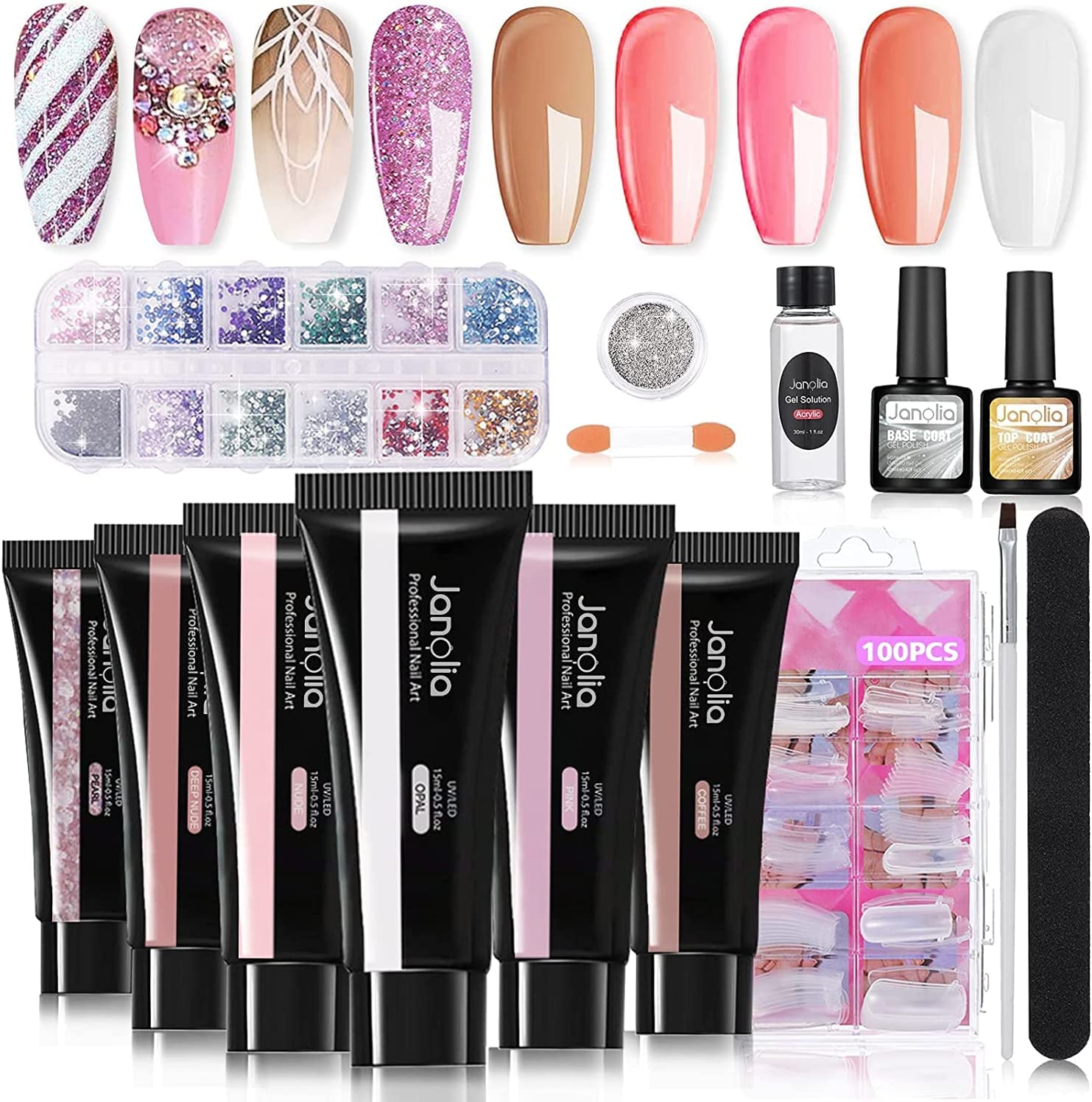 Conjunto de unhas postiças coloridas, gel UV Janolia, acessórios de manicure.