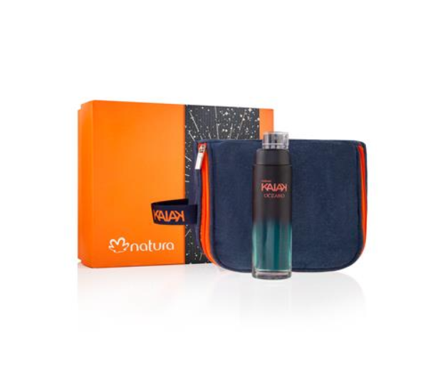 Conjunto com frasco de perfume KAIAH OCEAN, bolsa azul e caixa laranja Natura