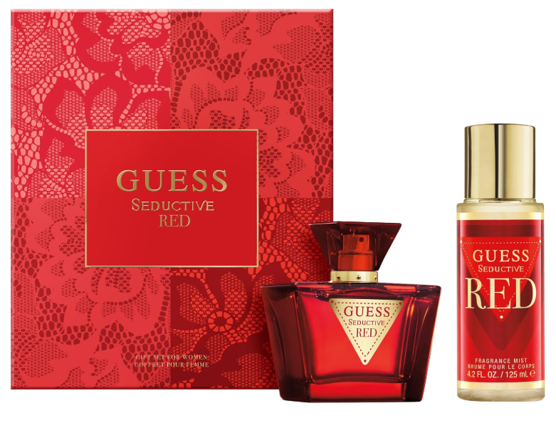 Conjunto GUESS Seductive Red com perfume e fragrância em spray em embalagens vermelhas e douradas.