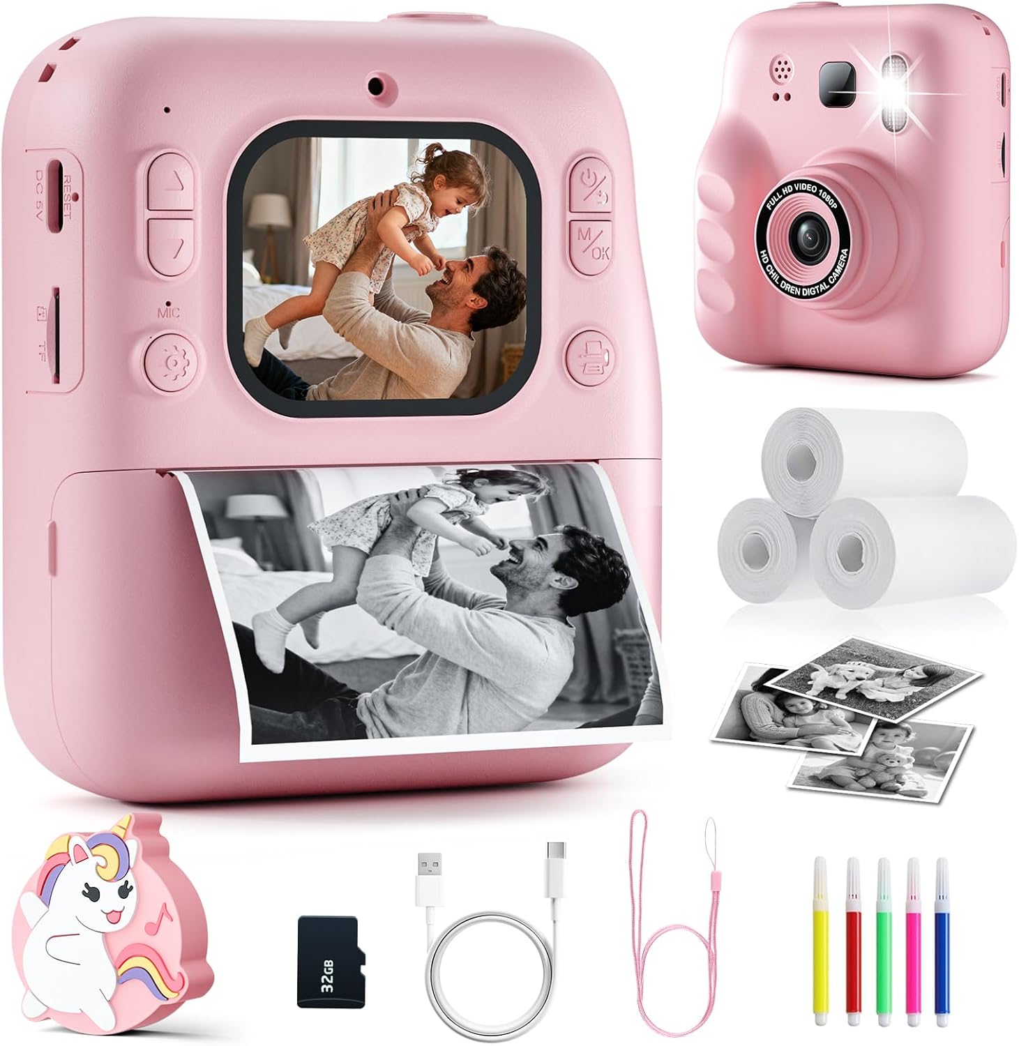 Câmara digital rosa para crianças com impressão fotográfica e acessórios